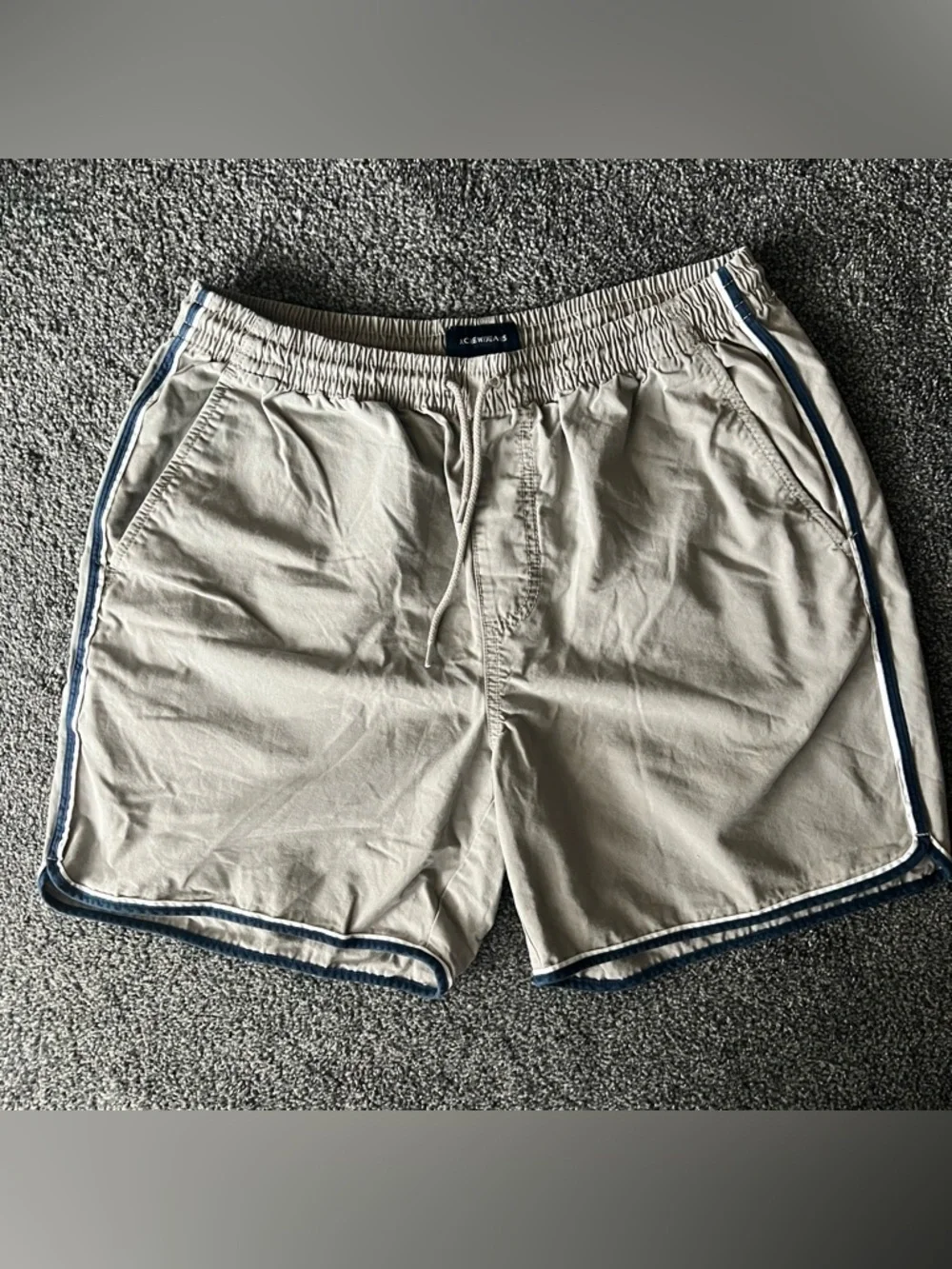 J. Crew Khaki Casual Drawstring Shorts with Navy Trim